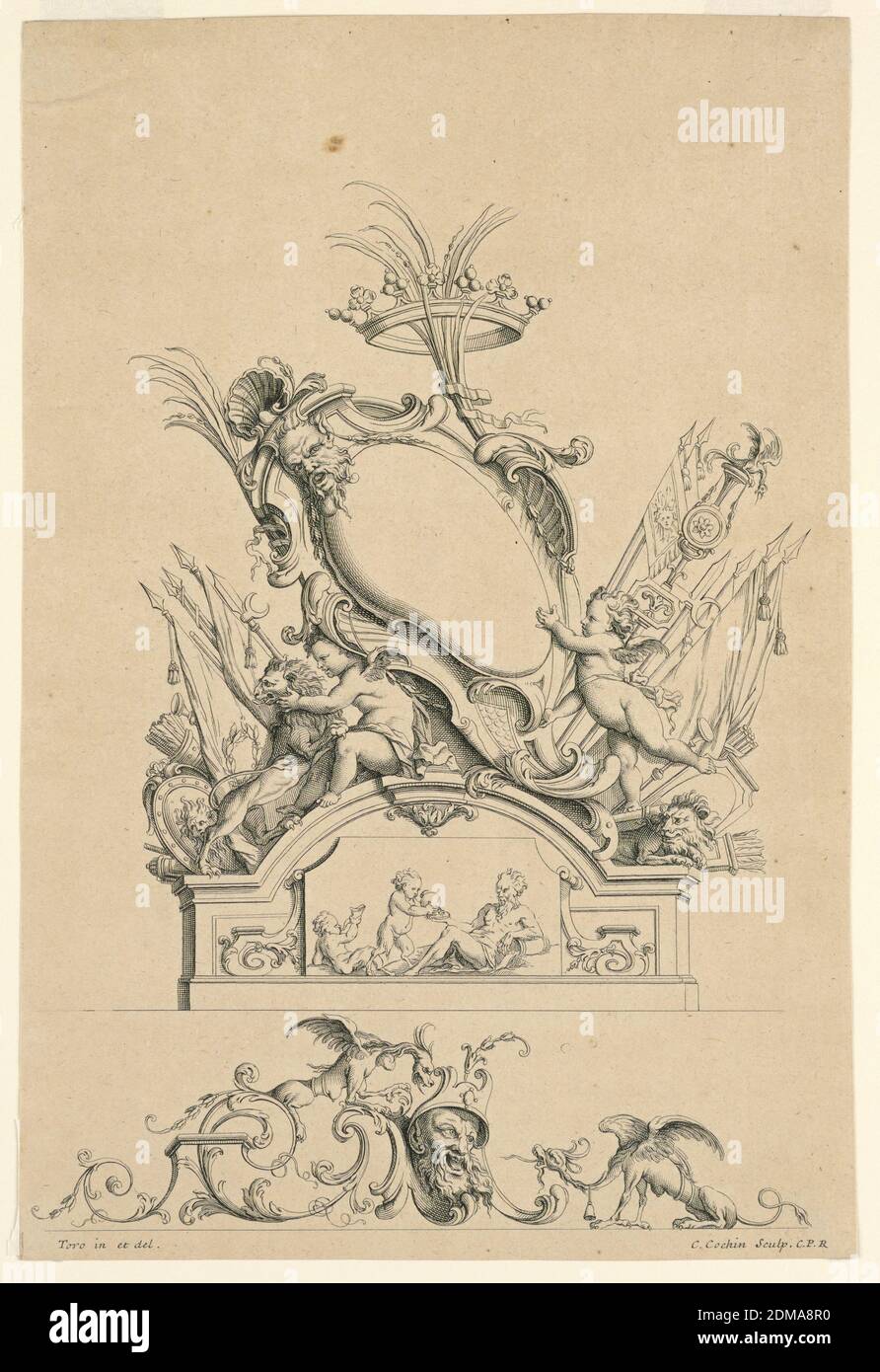 Design pour Cartouche avec couronne, deux Putti servant Bacchus, et deux Lions de 'cartouts Nouvellement Inventez', Charles-Nicolas Cochin le plus jeune, 1715 - 1790, Jean Bernard Honoré Toro, français, 1661 - 1731, Etching sur papier ponté Havane, Cartouche sur socle, soutenu par le putti avec tête de satyr. Armes/bannières avec lions. Section inférieure - tête d'un homme flanqué de deux griffins., XVIIIe siècle, ornement, Imprimer Banque D'Images Design pour Cartouche avec couronne, deux Putti servant Bacchus, et deux Lions de 'cartouts Nouvellement Inventez', Charles-Nicolas Cochin le plus jeune, 1715 - 1790, Jean Bernard Honoré Toro, français, 1661 - 1731, Etching sur papier ponté Havane, Cartouche sur socle, soutenu par le putti avec tête de satyr. Armes/bannières avec lions. Section inférieure - tête d'un homme flanqué de deux griffins., XVIIIe siècle, ornement, Imprimer Banque D'Images