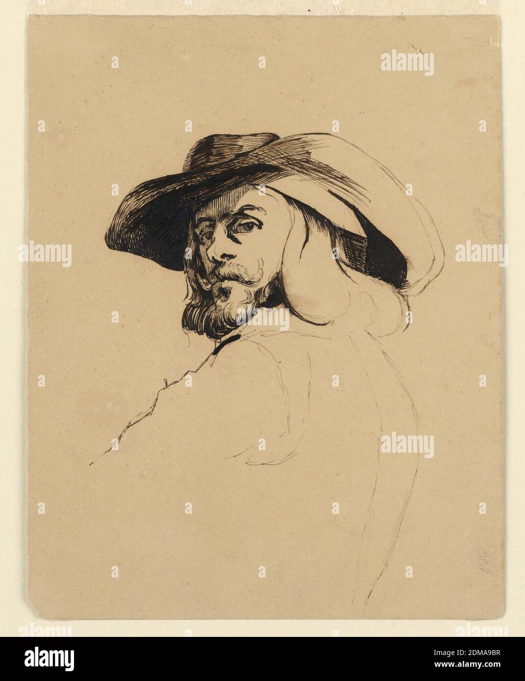 Tête d'un homme dans le style de Frans Hals, Homer Dodge Martin, américain,  1836 - 1897, encre de plume et de bistre sur papier brun clair, homme en  grand chapeau regardant par-dessus