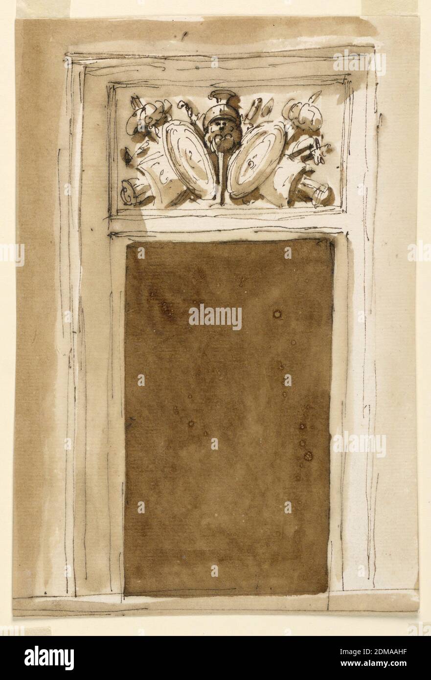 Design pour une porte, Giuseppe Barberi, italien, 1746–1809, stylo et encre brune, pinceau et lavage brun sur papier blanc cassé, doublé, la porte est encadrée de façon claire. La porte est un panneau avec la représentation d'un trophée d'armes. La porte se compose d'un cadre incurvé moulé. Contexte habituel., Rome, Italie, 1746–1809, architecture, dessin Banque D'Images