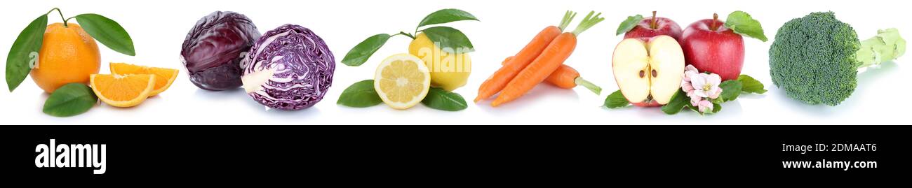 Obst und Gemüse Früchte Apfel Karotten Orange Möhren frische Freisteller freigestellt isoliert in einer Reihe vor einem weissen Hintergrund Banque D'Images