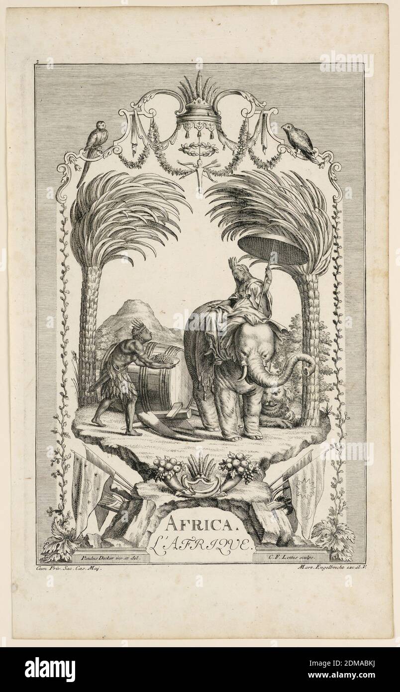 Afrique, Martin Engelbrecht, allemand, 1684–1756, C.F. Lottes, 1701 - 1740, gravure sur papier, scène représentant l'Afrique. Femme assise sur un éléphant sous un palmier, tenant un parasol. Un homme lui offrant une assiette de noix., Allemagne, Augsbourg, Allemagne, 1717, Imprimer Banque D'Images