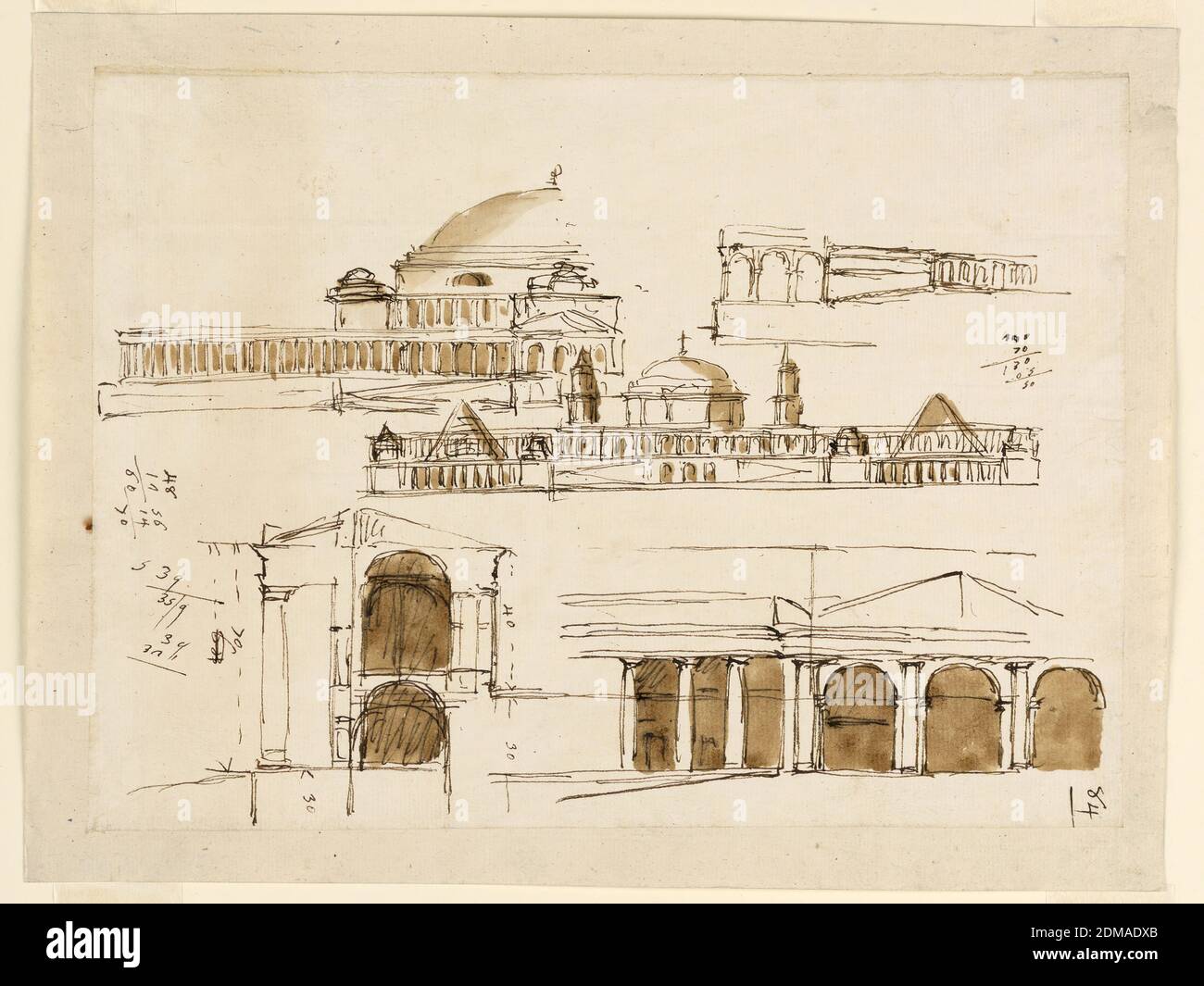 Dessins pour cinq mausolées, Giuseppe Barberi, italien, 1746–1809, stylo et encre brune, pinceau et savon brun sur papier blanc cassé doublé, rangée supérieure, à gauche : le côté gauche de l'élévation de la partie centrale est illustré. Les colonnades commencent au portique central au premier étage. Ils se tiennent sur une dado devant laquelle sont les escaliers. Il y a aussi des portes dans le sous-sol. Une colonnade relie les parties supérieures des portiques qui projettent considérablement. Rangée supérieure, à droite : élévation d'un portique flanqué d'un escalier et d'une colonnade. Centre : une élévation. Banque D'Images