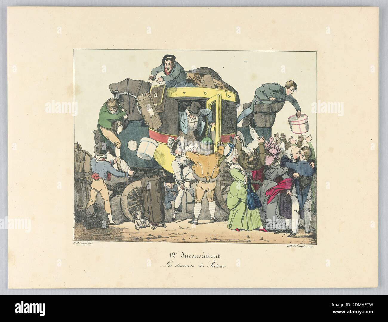 Les douceurs du Retour, planche 12 de 'Inconvenient', Auguste-Xavier Leprince, Français, 1799 - 1826, Gottfried Engelmann, 1788 - 1839, Lithographie, pinceau et aquarelle sur papier, gens sortant de l'autocar, jeter des bagages, saluer les autres. Fin du voyage. Titre et noms des artistes ci-dessous., Paris, France, ca. 1825, Imprimer Banque D'Images