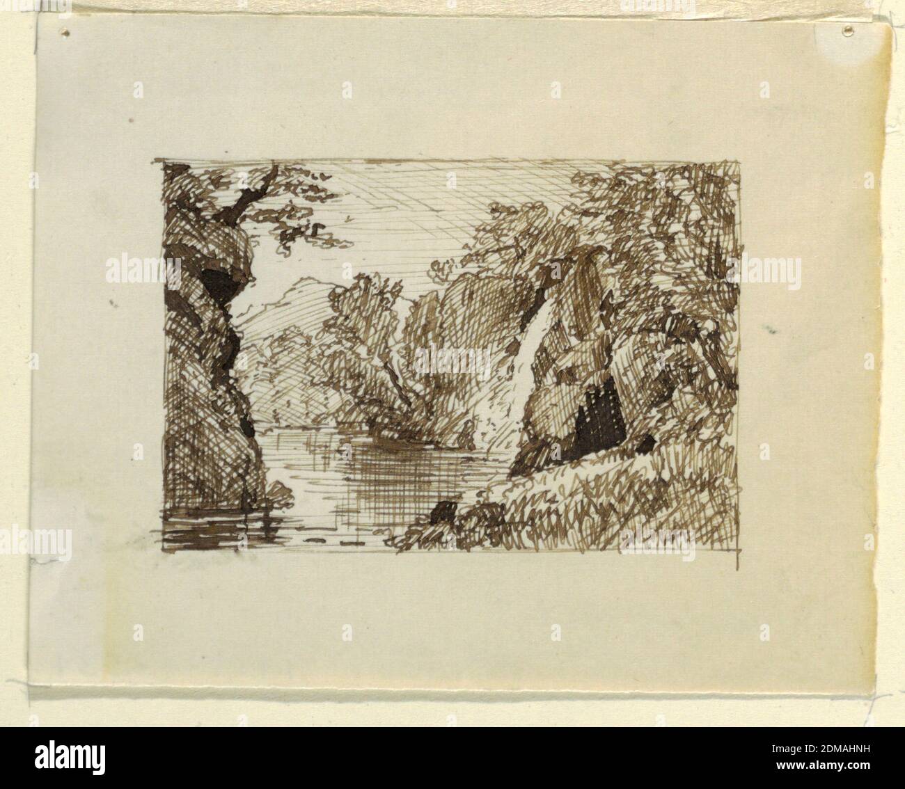 Imaginaire Paysage, stylo et encre marron foncé sur papier, Etats-Unis, env. 1870–73, paysages, dessin Banque D'Images