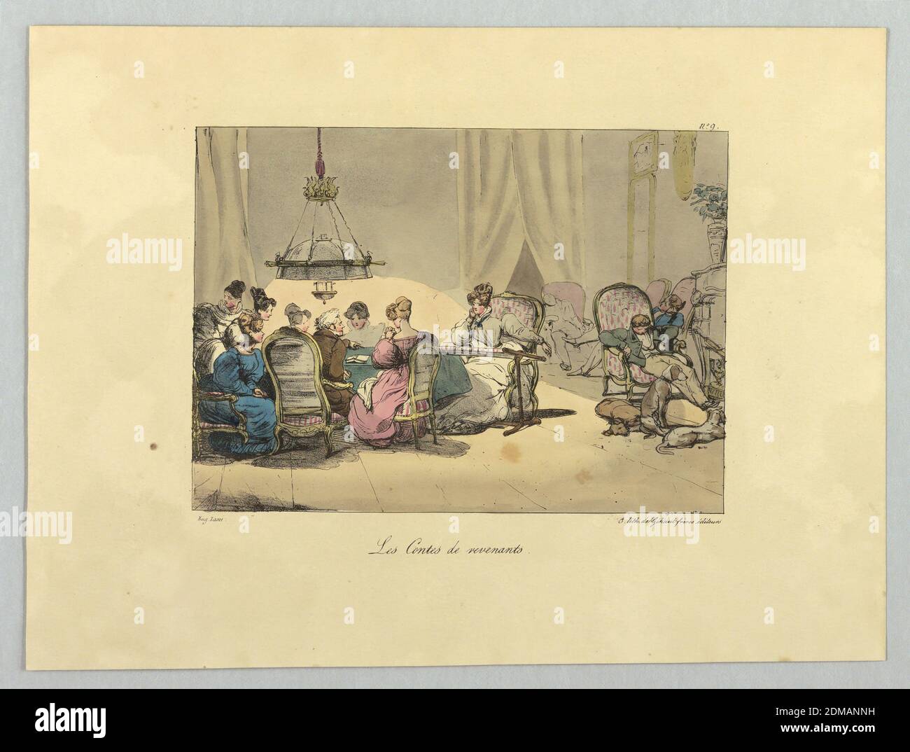 Les Contes de revenants, Gihaut Frères, français, 1815 - 1871, Eugène Louis Lami, français, 1800 - 1890, Lami-Denozan, français, actif 19e s., lithographie, pinceau et aquarelle sur papier, à gauche sept femmes et un homme autour d'une table. Les hommes dorment dans les fauteuils, à droite. Titre et noms des artistes ci-dessous., Paris, France, ca. 1830, Imprimer Banque D'Images