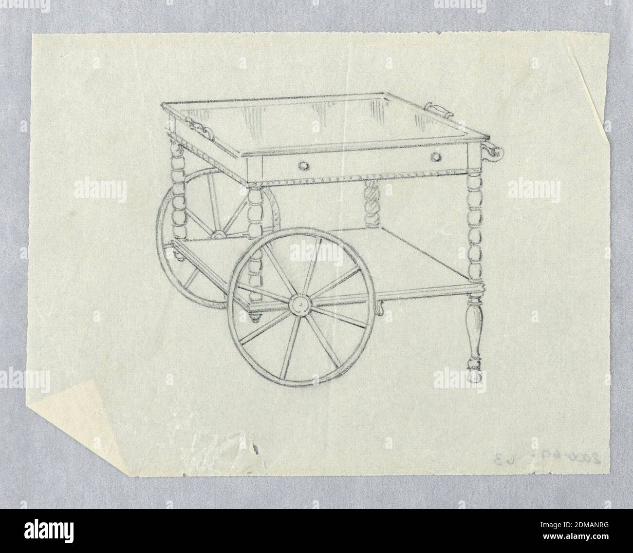Conception pour table de service à roulettes avec deux pieds, A.N. Davenport Co., Graphite sur papier fin de traçage de crème, corps étroit rectangulaire équipé de plateau supérieur avec ses propres poignées, étagère à l'avant relevée sur 4 pieds droits tournés; étagère inférieure conforme fixée et soutenue par 2 grandes roues de vélo à gauche et 2 pieds en forme de balster à droite; Les longues poignées de direction horizontales se fixent sur le côté de la carrosserie., 1900–05, mobilier, dessin Banque D'Images