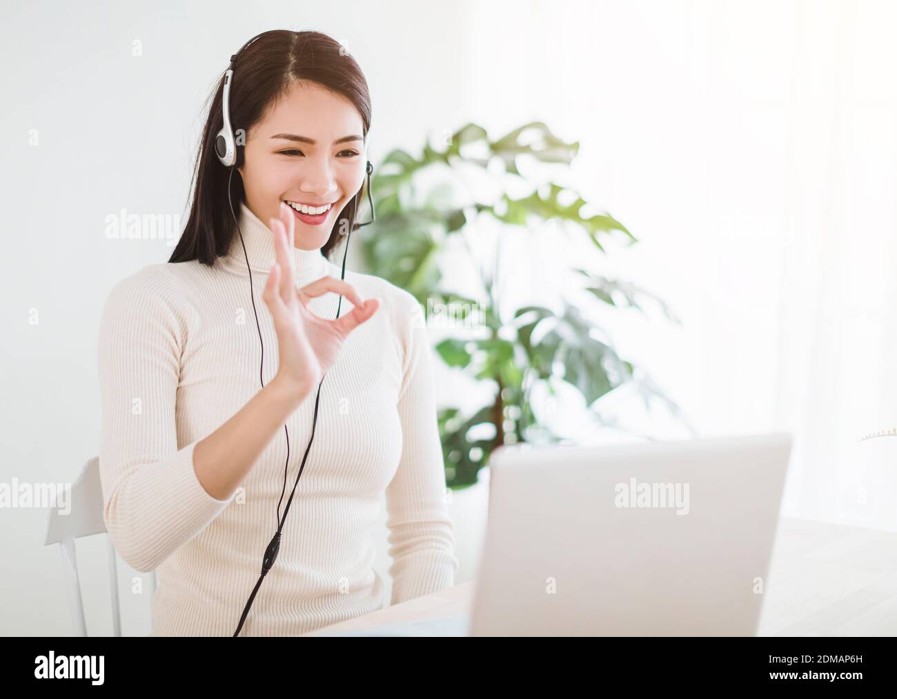 jeune femme travaillant sur un ordinateur portable et utilisant les appels vidéo salle de séjour à la maison Banque D'Images