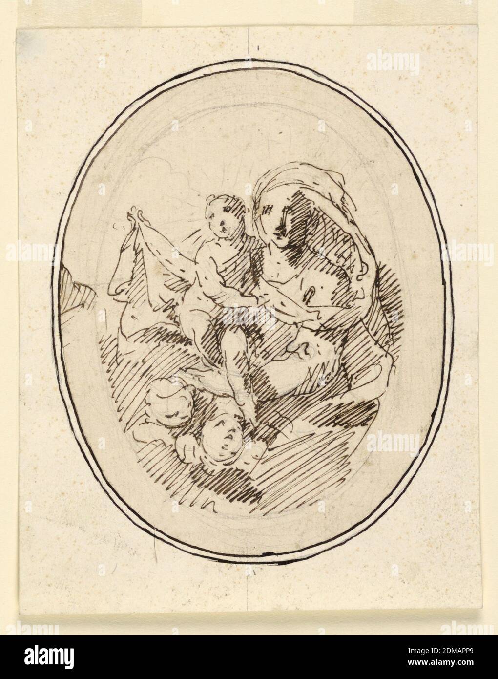 Marie avec l'enfant, Graphite, stylo et encre sur papier, ovale avec Marie, enfant et chérubins., Italie, ca. 1720, figures, dessin Banque D'Images