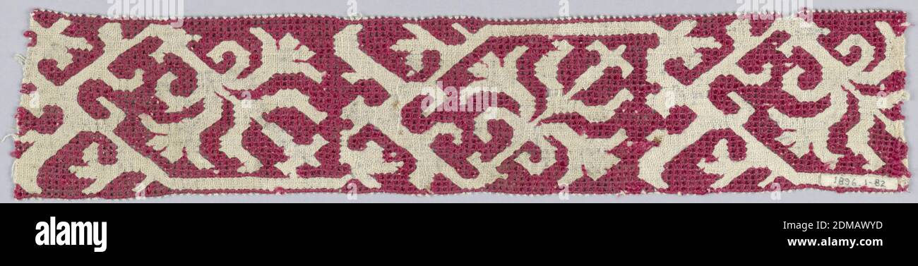 Bande, moyenne: Soie sur lin technique: Broderie (élément dévié de travail utilisant des points d'emballage pour créer une grille), motif de la diagonale pulvérise florale réservé en blanc sur fond rouge., Italie, XVIIe siècle, broderie et couture, bande Banque D'Images