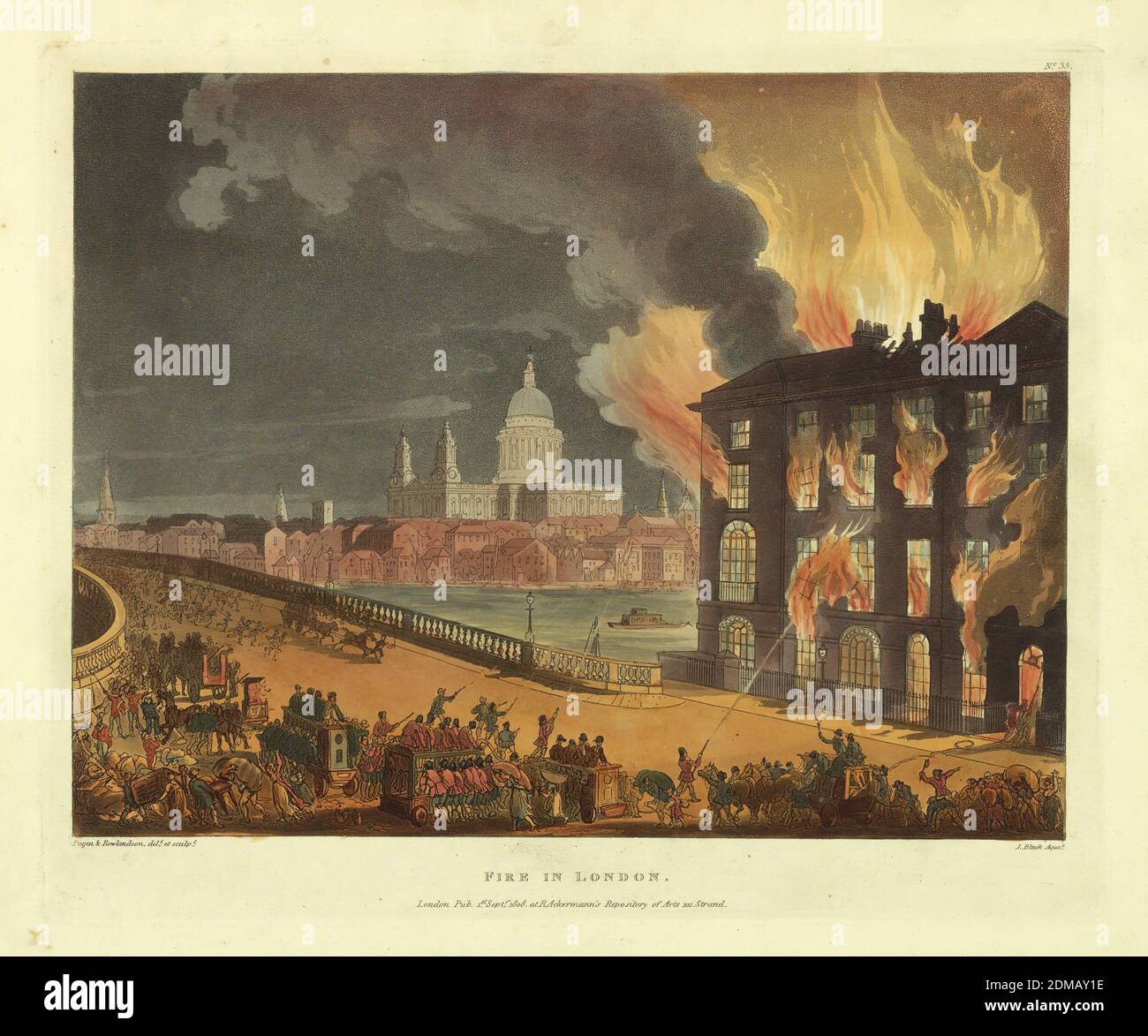 Feu à Londres, de 'Ackermann's Repository', Thomas Rowlandson, britannique, 1756–1827, Augustus Charles Pugin, français, Grande-Bretagne active, ca. 1762–1832, John Bluck, British, 1791–1832, Aquaint, pinceau et aquarelles sur papier, bâtiment de quatre étages en flammes, à droite, à côté de la Tamise. Les moteurs d'incendie au premier plan et en arrivant du pont à gauche. Titre, noms des artistes et des éditeurs ci-dessous., Europe, Londres, Angleterre, 1808, Imprimer Banque D'Images