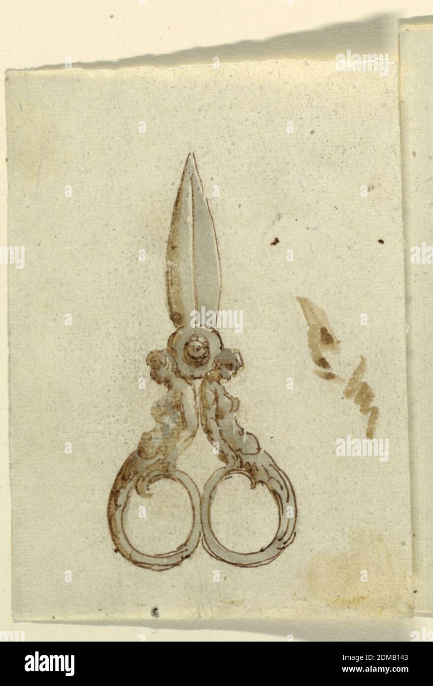 Une paire de ciseaux avec poignées formées par des demi-figures de femmes avec des Rinceaux comme jambes, stylo et encre, pinceau et lavage gris sur papier blanc cassé lourd, paire de ciseaux avec poignées formées par des demi-figures de femmes avec des Rinceaux comme jambes., Italie, 1815–50, travail des métaux, dessin Banque D'Images