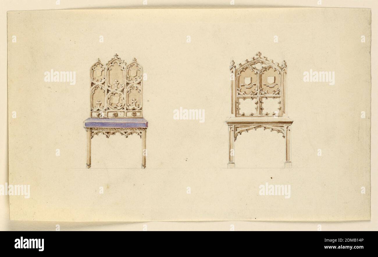 Dessins pour deux chaises en, aquarelle, graphite support: Papier vélin blanc, Angleterre, Angleterre, ca. 1830, mobilier, dessin Banque D'Images