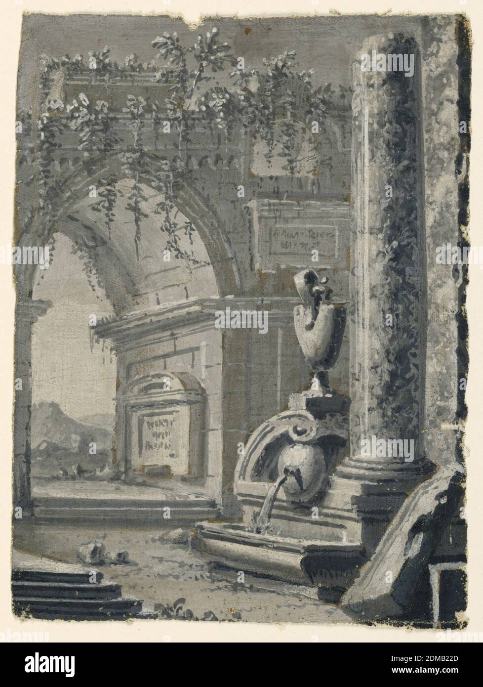 Stage Design, vues anciennes dans le jardin, pinceau et huile sur toile, rectangle vertical. Fontaine en ruines près des colonnes. Arche ogivale en arrière-plan à gauche, paysage de jardin. Grisaille., Italie, XVIIIe siècle, théâtre, peinture, peinture Banque D'Images