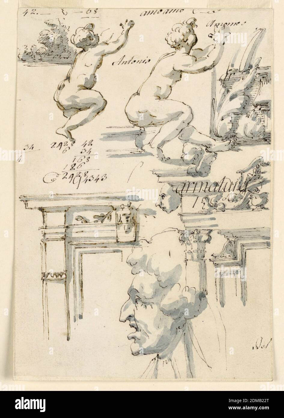 Détails architecturaux et études de figures, Filippo Marchionni, italien, 1732–1805, stylo et noir, encre sépia, aquarelle de pinceau et de gris sur papier crème, dessins pour entablatures avec études de figures, avec notes., Italie, 1750–75, architecture, dessin Banque D'Images