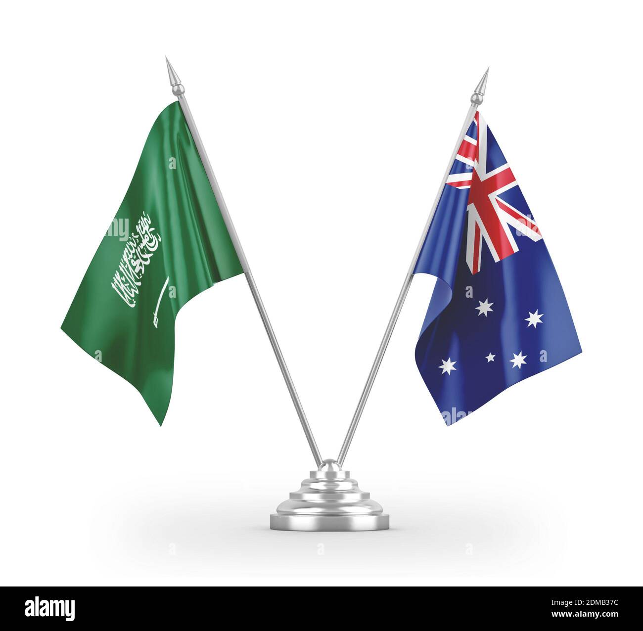 Drapeaux de table de l'Australie et de l'Arabie Saoudite isolés sur la 3D blanche rendu Banque D'Images