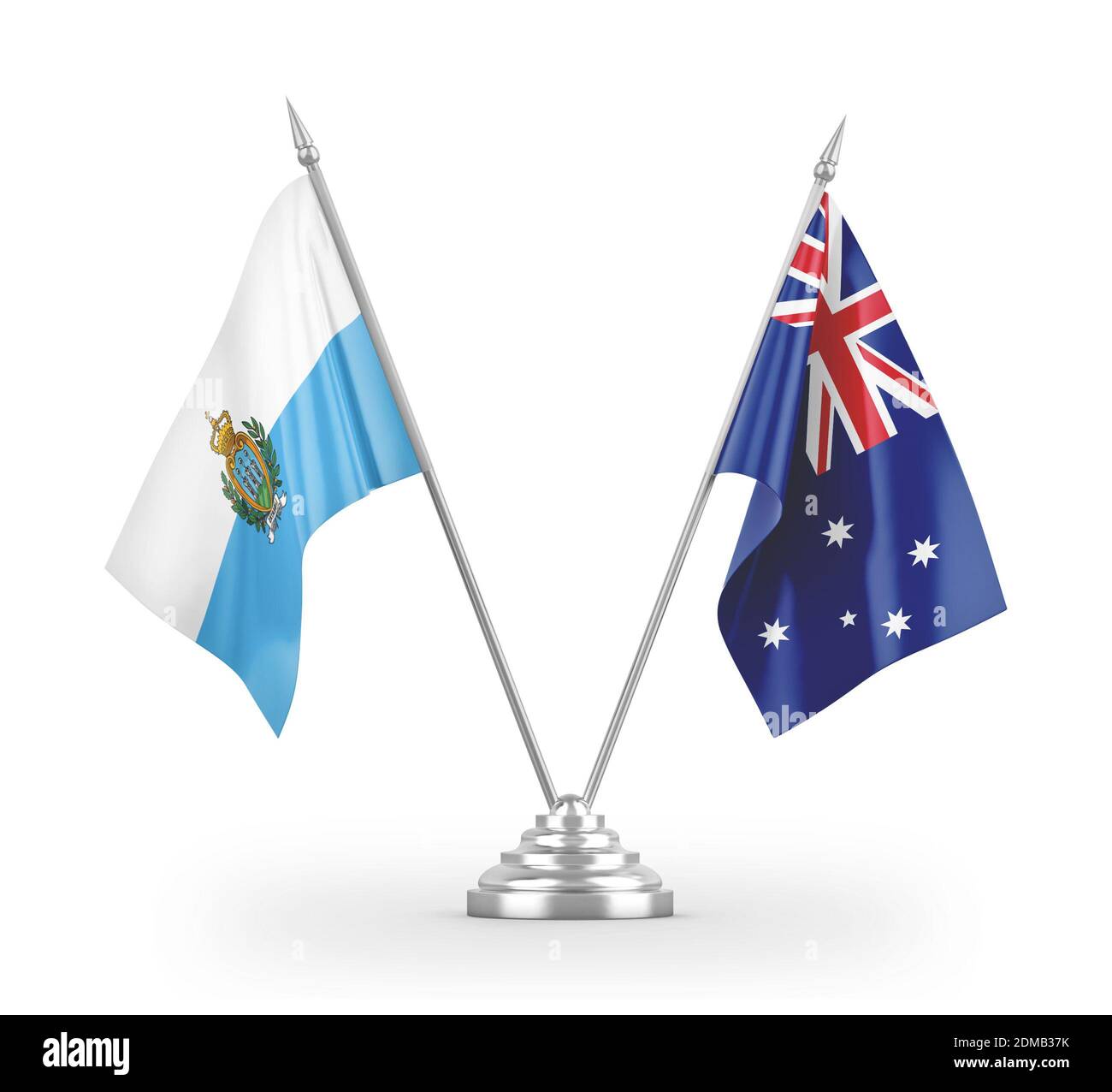 Drapeaux de table d'Australie et de Saint-Marin isolés sur 3D blanc rendu Banque D'Images