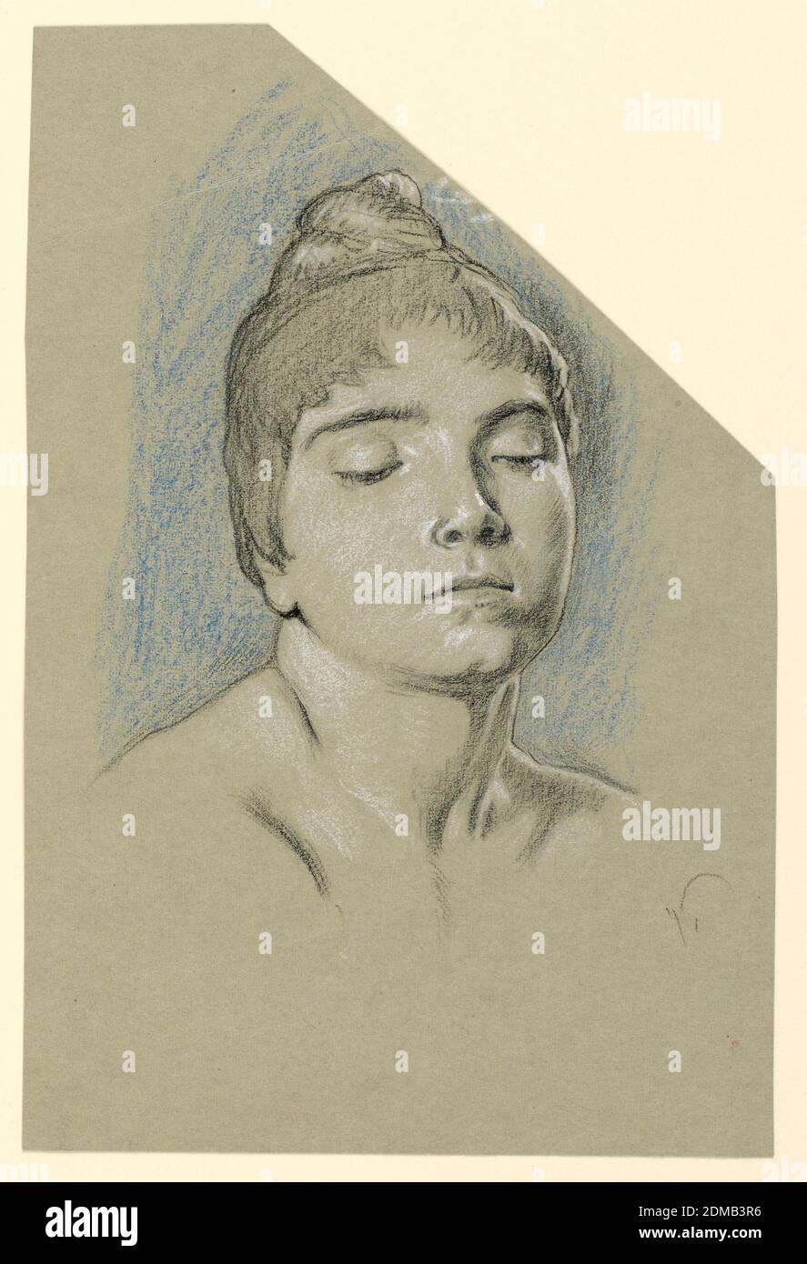 Portrait croquis d'une jeune femme aux yeux fermés, Elihu Vedder, américain, 1836 – 1923, noir, crayons bleus, craie blanche, sur papier gris, tête d'une jeune fille, tourné vers la droite en vue de trois quarts. Sa tête est légèrement inclinée, son regard vers le bas à droite. Ses cheveux sont formés avec un nœud sur sa tête. Signature initiale, en bas à droite: 'V.', USA, ca. 1885, portraits, dessin Banque D'Images