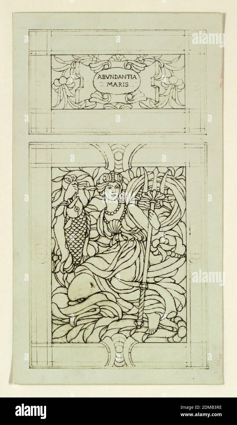 Aboudantia Terrae, Kenyon Cox, cuisine américaine, 1856–1919, Photostat, deux panneaux. Ci-dessus en motif floral, une cartouche qui se lit comme suit : ABVNDANTIA / MARIS. Ci-dessous une figure femelle tenant un poisson et un triton, assis sur un dauphin ou une baleine., New York, New York, États-Unis, après 1908, architecture, Imprimer Banque D'Images