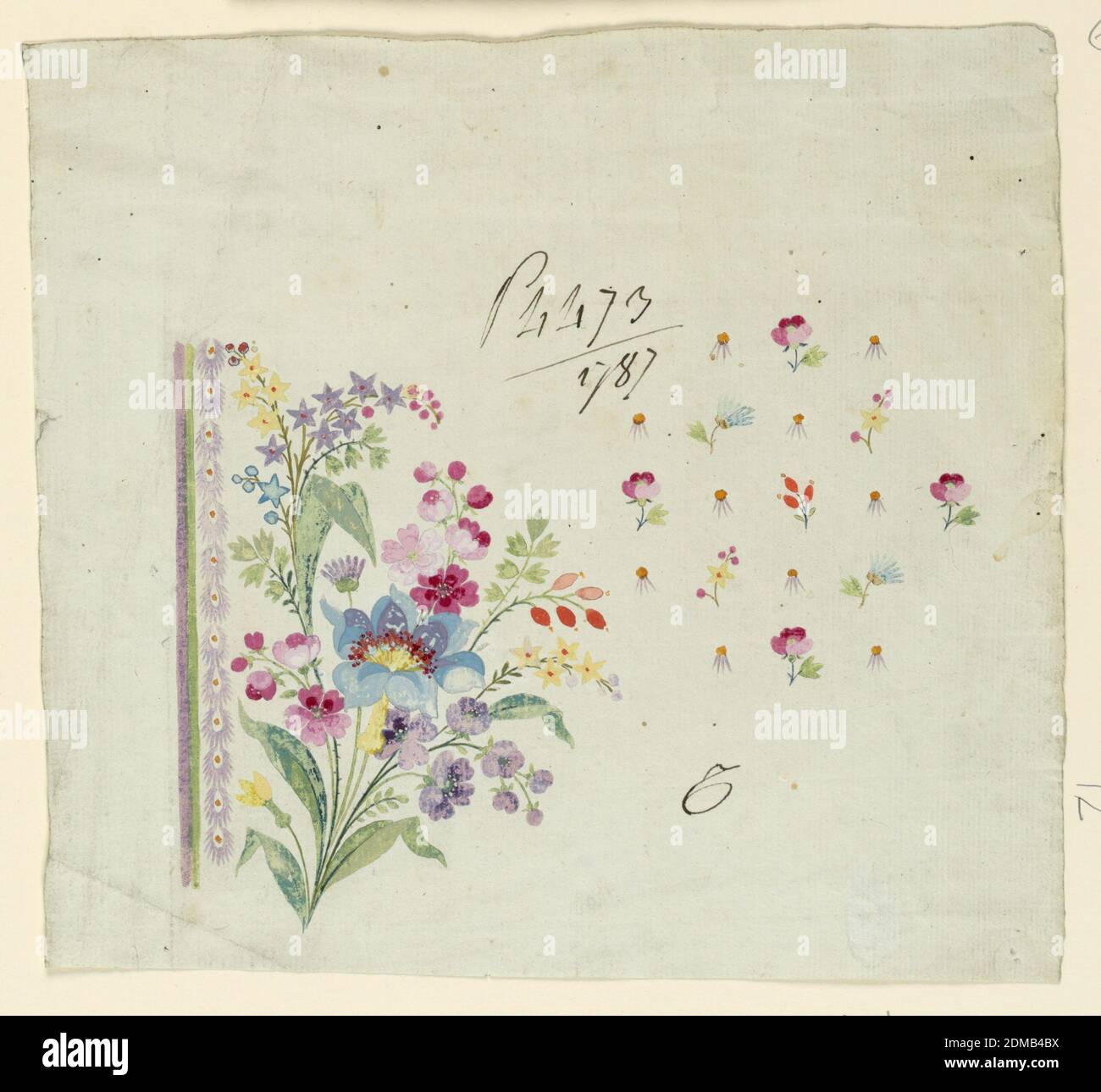 Design pour un gilet de costume, différentes gouache sur papier, Design pour la broderie d'un gilet de costume d'homme. Deux bandes et une bordure de plumes sont montrées à gauche et une fleur bough outre eux. Le reste du sol doit être décoré avec des rangées composées de petits creux de fleurs et d'un motif étoile. Le dernier nommé alterne horizontalement et verticalement avec deux motifs floraux différents, dont un est une rose., France, 1787, dessin Banque D'Images