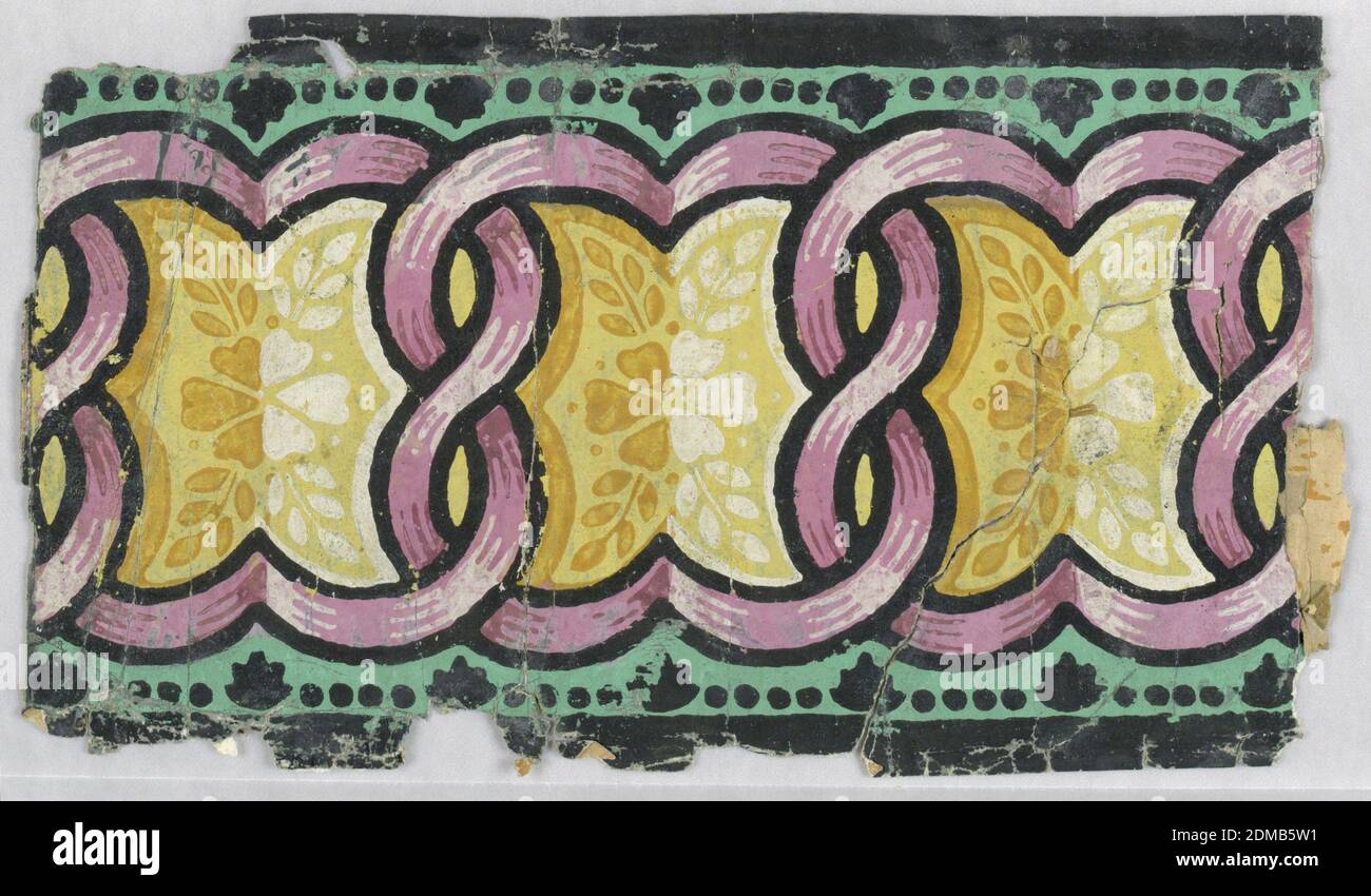 Bordure, imprimée en bloc sur du papier fait à la main, bandes violettes tissées, imprimée sur fond jaune ombré, donnant l'illusion de 3-D, avec des bandes vertes au-dessus et en dessous., éventuellement France, 1800–1825, revêtements muraux, Border Banque D'Images