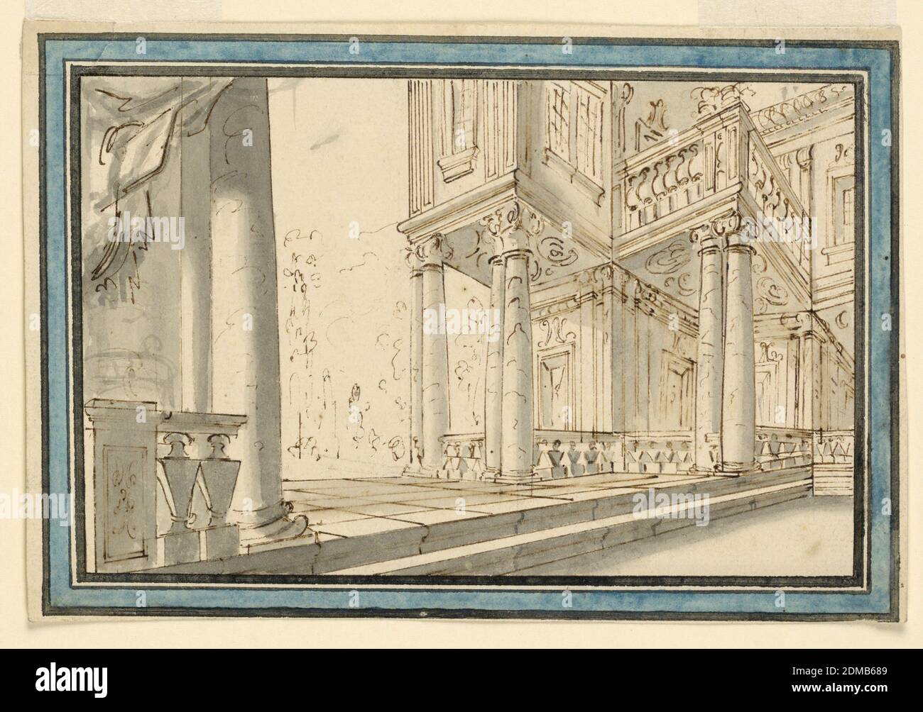 Scène conception: Atrium d'une villa, stylo et encre, pinceau et gris, aquarelle bleue, graphite sur papier; verso: Graphite, format horizontal. Scène architecturale avec vue sur les coins. Deux marches mènent au niveau du rez-de-chaussée; il est pavé et bordé de balustrades qui relient les colonnes soutenant l'étage supérieur. Un morceau de drapery se trouve dans le coin supérieur gauche. Encadrés par des lignes et des bandes noires, et un bleu. Verso, verticalement : croquis approximatif d'un homme debout et de deux hommes assis. Un quatrième homme n'est que partiellement visible., Italie, fin du XVIIIe siècle, théâtre, dessin Banque D'Images