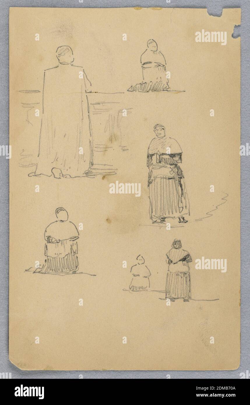 Figure religieuse, Arnold William Brunner, américain, 1857–1925, Graphite sur papier crème, homme en robe priant, esquissé de différents angles, certains agenouillant quelque part debout, USA, ca. 1883, figures, dessin Banque D'Images