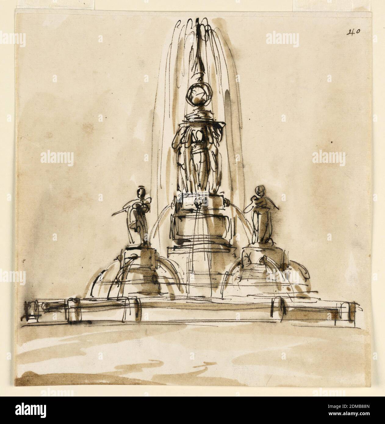 Croquis, une fontaine, Giuseppe Barberi, italien, 1746–1809, stylo et encre brune, pinceau et savon brun sur papier blanc cassé, doublé, au centre d'un bassin circulaire, se dresse un haut piédestal subdivisé, sur lequel quatre - trois sont visibles - les femmes soutiennent une base avec une urne, d'où provient l'eau. Obliquement sont deux socles ronds inférieurs avec des statues femelles. Des farines d'eau provenant de masques de chaque côté des socles. À l'extérieur se trouve un cercle de poteaux. Fond coloré., Rome, Italie, 1795, architecture, dessin Banque D'Images