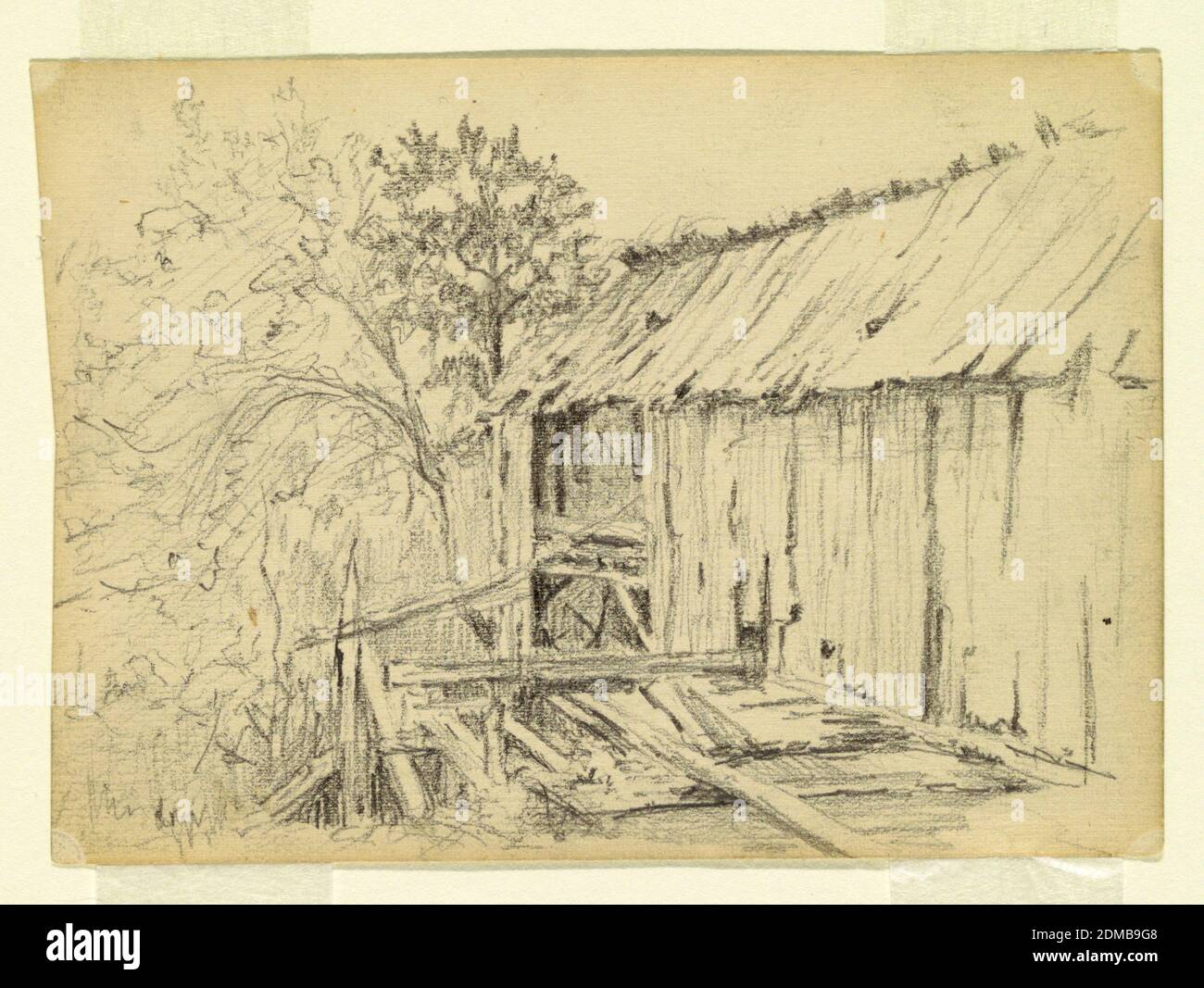 Ruine d'un moulin, Walter Clark, américain, 1848–1917, Graphite sur papier, UNE partie de la structure du moulin est montrée à droite; arbres, à gauche., USA, ca. 1885, paysages, dessin Banque D'Images