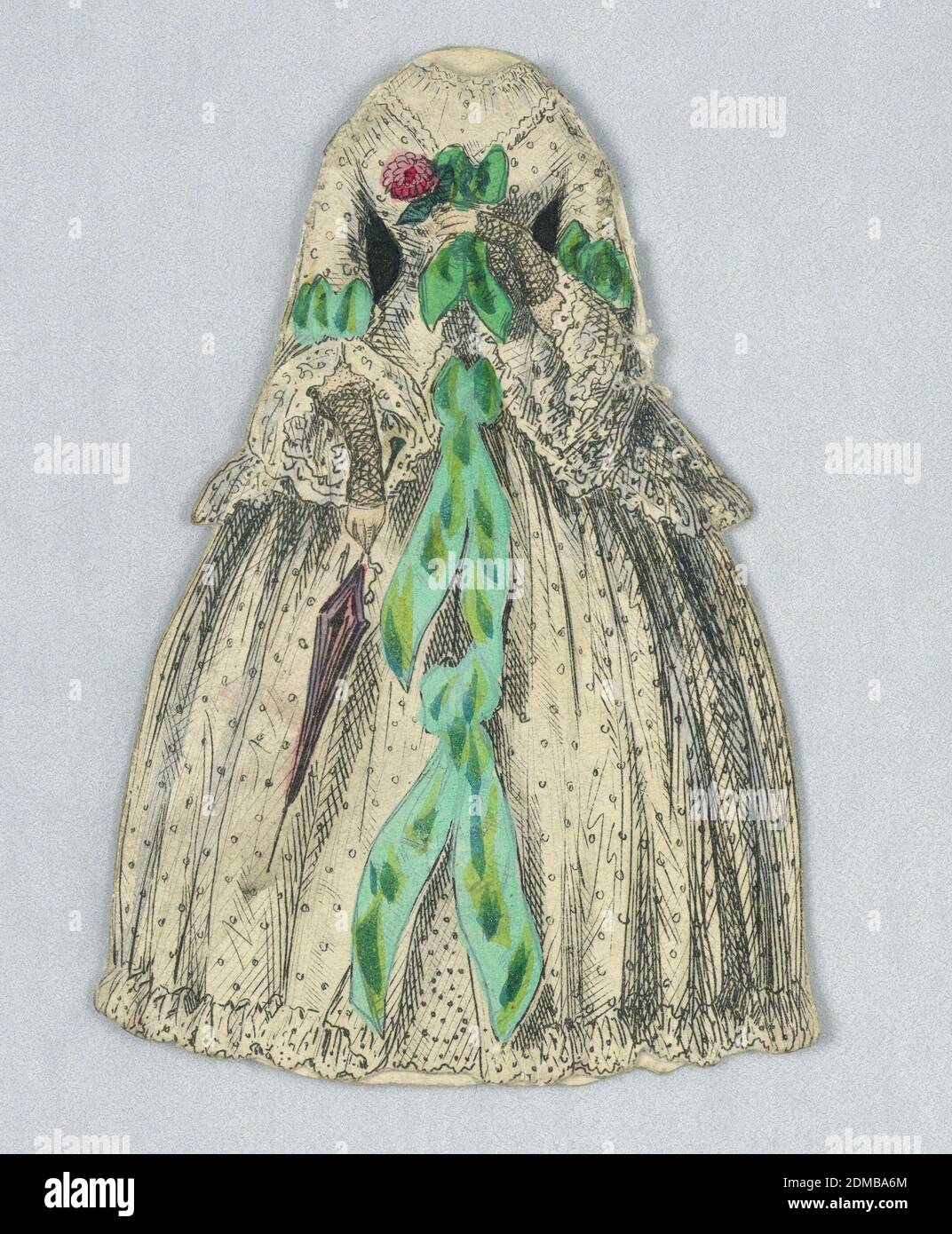 Costume de poupée en papier avec motif à pois et boucles vert émeraude, lithographie, pinceau et aquarelles sur papier vélin épais crème, cette robe de couleur crème présente un motif à pois avec des accents de noeud vert émeraude. La poupée en papier tient un parasol dans sa main droite. Le dos et le devant de cette robe sont représentés., USA, 1876–80, jouets et jeux, Print Banque D'Images