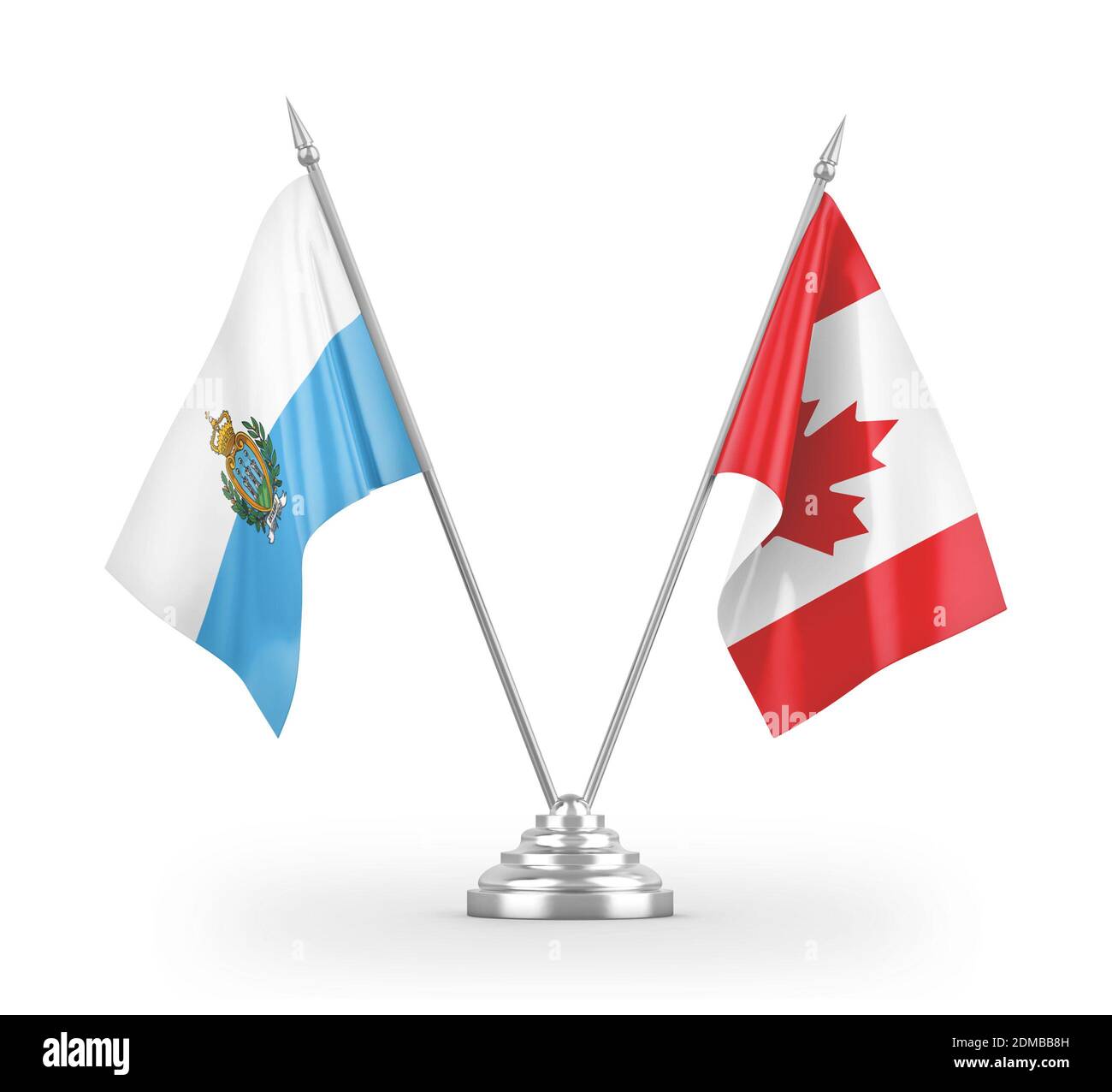 Drapeaux de table du Canada et de Saint-Marin isolés sur la 3D blanche rendu Banque D'Images