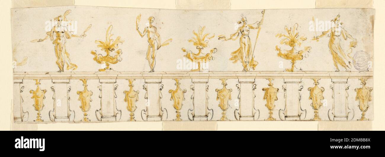 Projet pour une peinture murale, stylo et encre, pinceau et sépia sur papier, Figures et vases se tiennent sur une balustrade., Italie, ca. 1610, intérieurs, dessin Banque D'Images