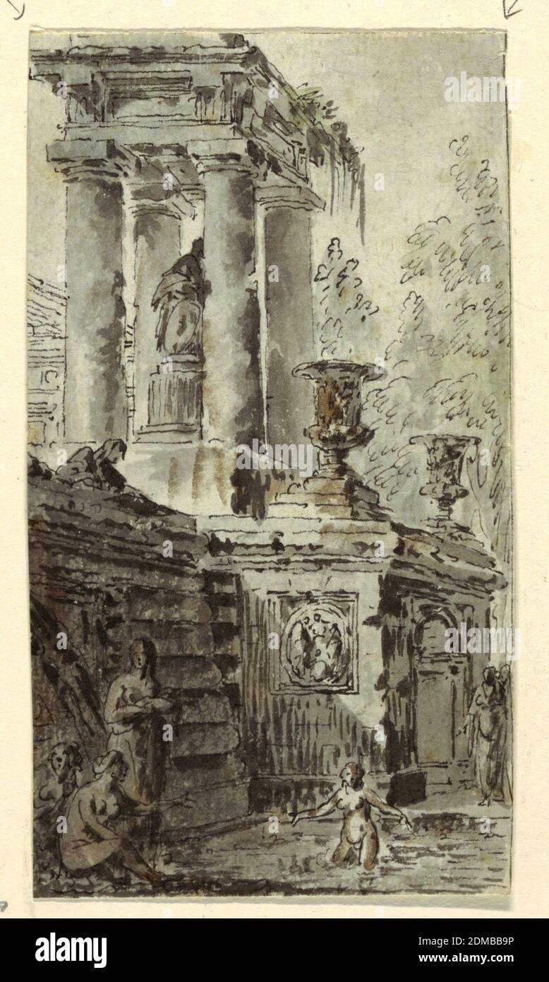 Architectural Fantasy with Figures bain, Jean-Charles Delafosse, français, 1734–1791, stylo et pinceau et encre noire, laver sur papier blanc couté, architectural fantasy montrant des colonnes, des sculptures, des urnes et des baigneurs féminins dans une piscine d'eau ci-dessous., France, 1770, architecture, dessin Banque D'Images