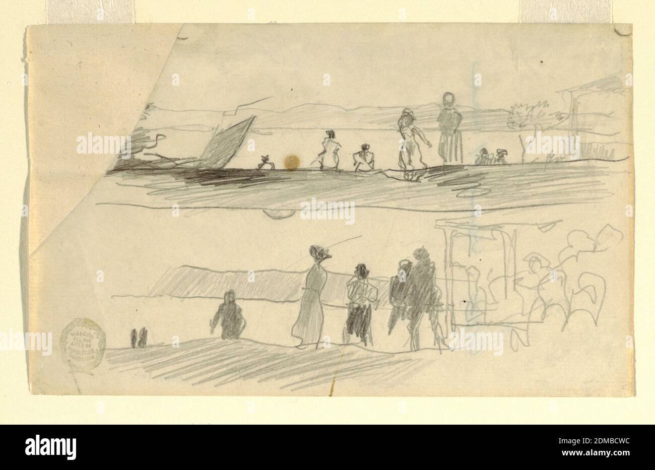 Figures vers une baie, Winslow Homer, cuisine américaine, 1836–1910, Graphite sur papier blanc, deux croquis horizontaux, l'un au-dessus de l'autre, de personnes debout sur un sol élevé surplombant une baie., États-Unis, ca. 1895, figures, dessin Banque D'Images