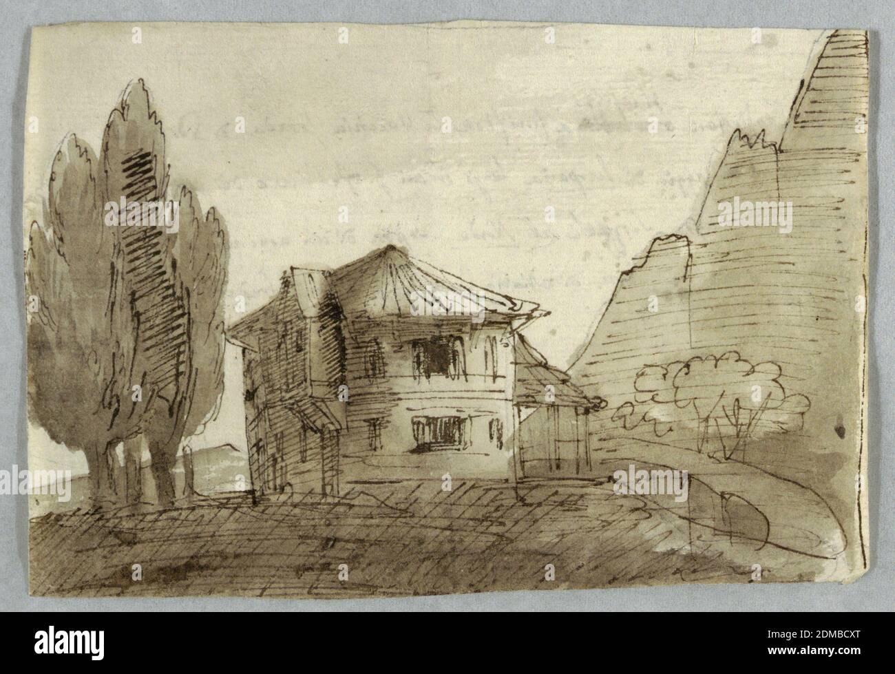 Villa dans une région montagneuse, Graphite, stylo et encre, pinceau et bistre sur papier, à gauche, un groupe de cyprès. À droite, une montagne. Au centre, une villa de deux étages avec un toit en tented circulaire., Italie, 1800–1825, paysages, dessin Banque D'Images