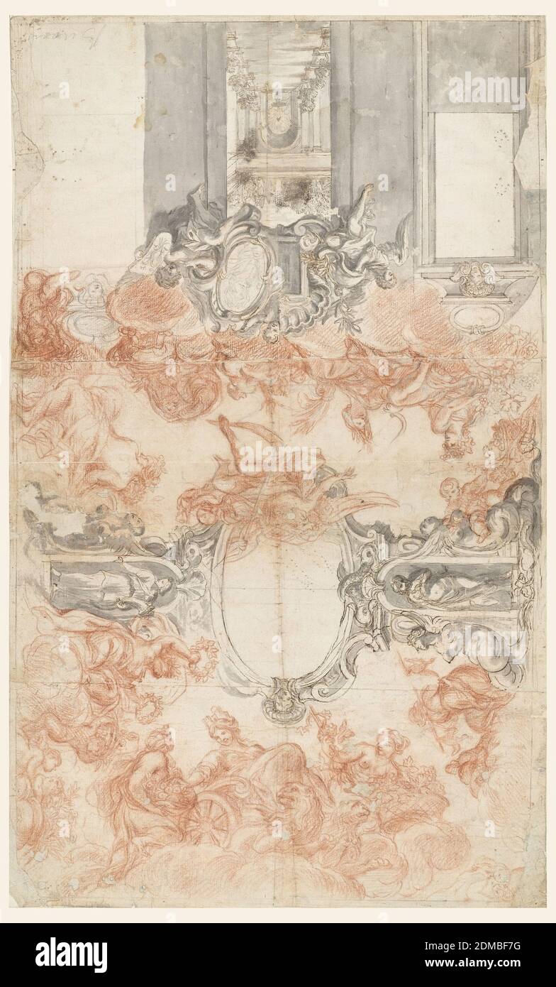 Design pour un plafond peint et la décoration d'un petit mur illustrant les saisons, la craie noire et rouge, le stylo et l'encre noire, le pinceau et l'aquarelle grise sur papier, vue partielle de la décoration murale. Au milieu est prévu une vue peinte dans un atrium de jardin. L'ouverture est bordée au-dessus par une porte avec deux suggestions alternatives unies à un tout. À gauche: Un éboucheon, avec un cadre rectangulaire pour une photo, est porté par le putti; à droite: Un cadre de scrollwork avec un portrait d'un général victorieux est porté par un putto tenant dans son bras extérieur un bouclier Banque D'Images