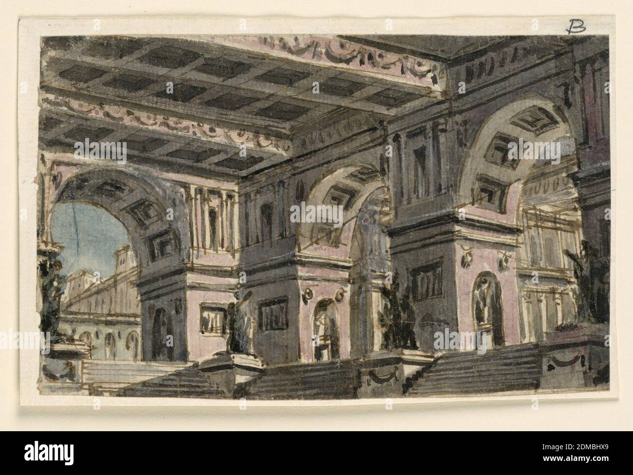 Stage Design, Palace Atrium, Angelo Toselli, Californie 1765 ? – 1826, stylo et encre brune, pinceau et aquarelle sur papier, rectangle horizontal. Un hall avec un plafond cercueil. À gauche, escaliers menant à la rue; à droite, escaliers menant à un autre hall. Piédestal avec groupes de sculptures figurales dans l'espace entre les marches., Bologne, Italie, 1815–30, théâtre, dessin Banque D'Images