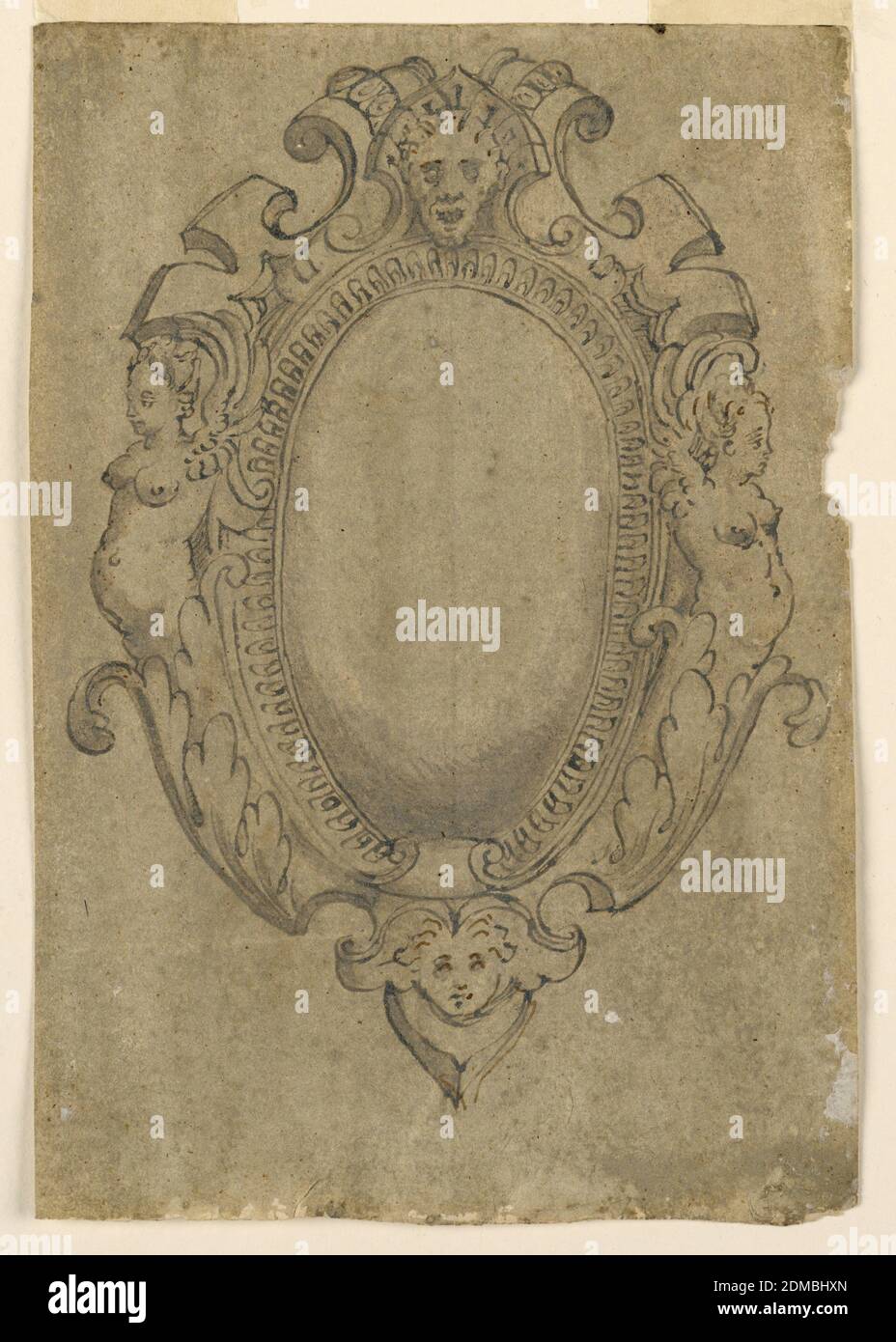 Croquis pour Escutcheons, stylo et encres marron foncé, pinceau et lavage noir sur papier couché. Sur le verso : craie noire, stylo et encre, bistre sur papier couté., les masques sont montrés en haut et en bas, demi-figures de harpies latéralement. Les deux sont entièrement colorés. Sur le verso: Deux éboutons allongés, l'un gauche sans ornementation, l'autre droit avec deux masques foliés l'un face à l'autre., Italie, ca. 1590, ornement, dessin Banque D'Images