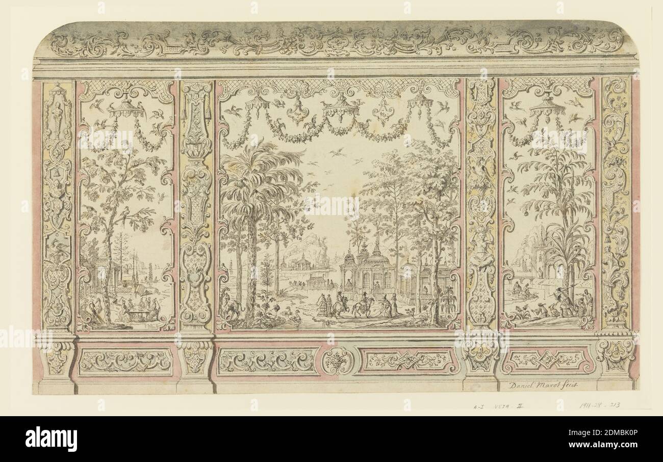 Design pour décoration murale chinoiserie, stylo et encre noire ; aquarelle rose, jaune et bleu clair, gouache blanc ; graphite sur papier blanc cousu, grand panneau central et deux panneaux latéraux étroits flanqués de bandes pilaster. Chacun de ces deux et les deux demi-jours de la dado montrent des suggestions alternatives pour la décoration. Les panneaux montrent des représentations des Européens dans des paysages chinois stylisés. À gauche, une fête est présentée à l'ouverture; au centre, une réception est présentée; à droite, un groupe de chasseurs. Déco Rinteaux ornement décorent la crique de plafond, pays-Bas, ca. 1720, architecture, intérieurs Banque D'Images