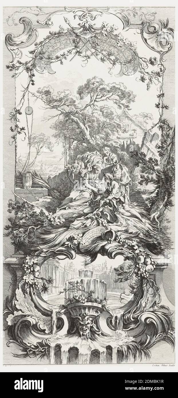 Triomphe de Pomone (Triumph de Pomona), de nouveaux morceaux pour les paravants (nouveaux designs pour écrans), François Boucher, français, 1703 – 1770, Charles-Nicolas Cochin le jeune, 1715 - 1790, Nicolas de Larmessin IV, français, 1684 - 1755, gravure et gravure sur papier blanc, L'une des cinq conceptions de panneau pour un écran rabattable. Les autres dessins de la série incluent Rocaille (jardin de rochers) gravé par Charles Nicolas Cochin ; et hommage Champatre (Pastorale) ; Léda ; et Triomphe de Priape (Triumph de Priapus) tous gravés par Claude Duflos le plus jeune. Ce panneau représente Pomona, une nymph Banque D'Images Triomphe de Pomone (Triumph de Pomona), de nouveaux morceaux pour les paravants (nouveaux designs pour écrans), François Boucher, français, 1703 – 1770, Charles-Nicolas Cochin le jeune, 1715 - 1790, Nicolas de Larmessin IV, français, 1684 - 1755, gravure et gravure sur papier blanc, L'une des cinq conceptions de panneau pour un écran rabattable. Les autres dessins de la série incluent Rocaille (jardin de rochers) gravé par Charles Nicolas Cochin ; et hommage Champatre (Pastorale) ; Léda ; et Triomphe de Priape (Triumph de Priapus) tous gravés par Claude Duflos le plus jeune. Ce panneau représente Pomona, une nymph Banque D'Images