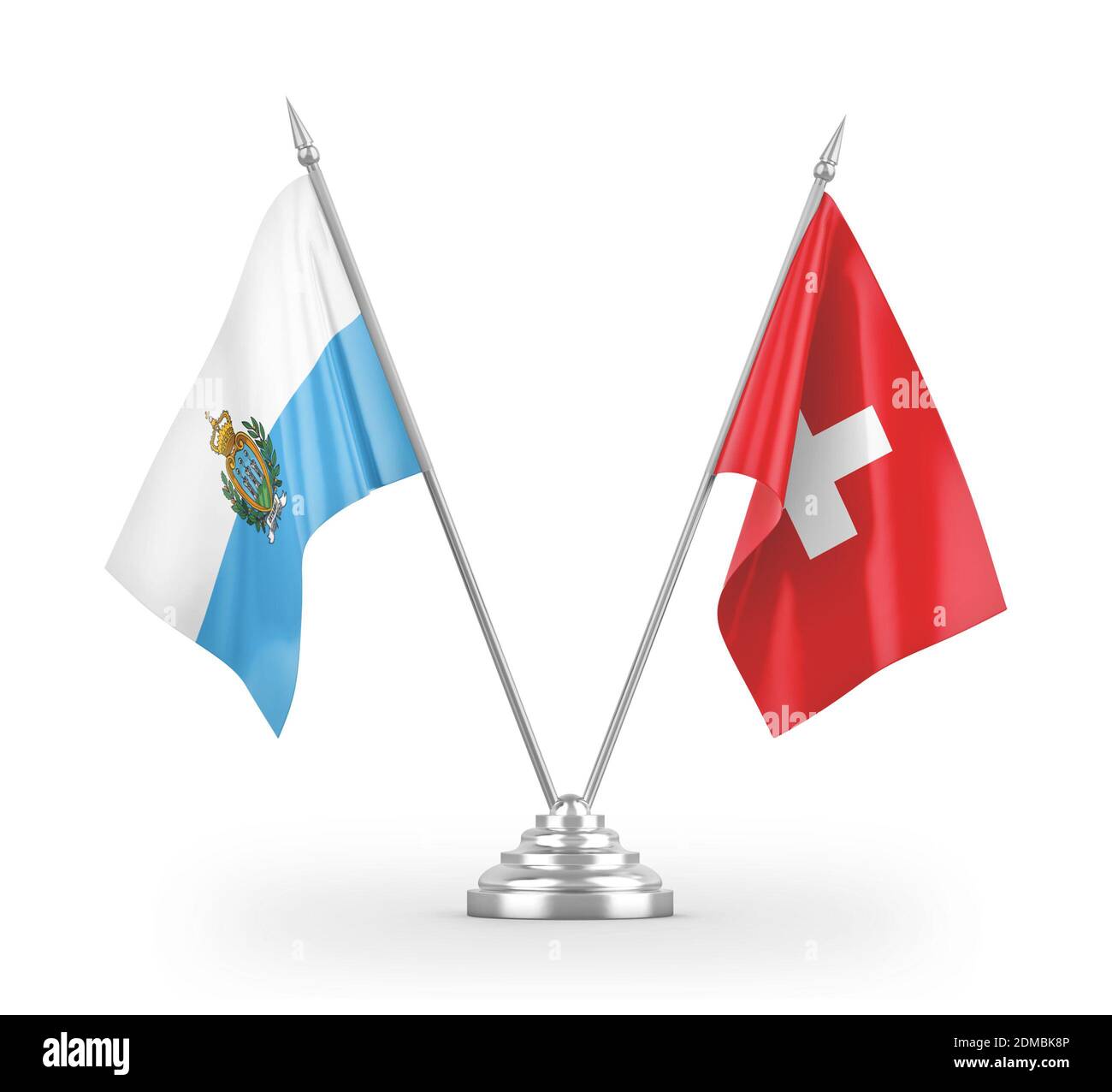 Drapeaux de table de la Suisse et de Saint-Marin isolés en 3D blanche rendu Banque D'Images