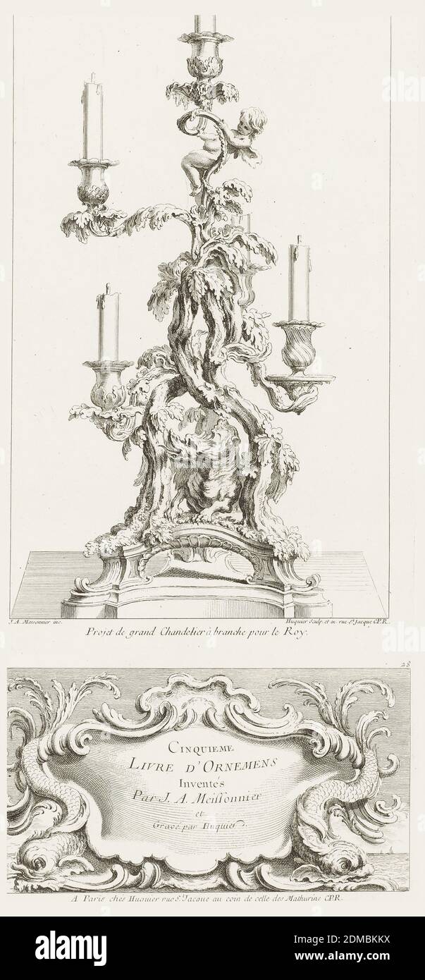 Projet de grand lustre à branche pour le Roy., chandelier à cinq branches avec un dragon, 2nd plate, juste-Aurèle Meissonnier, French, n. Italie, 1695–1750, Gabriel Huquier, français, 1695–1772, Gabriel Huquier, français, 1695–1772, gravure sur papier blanc couché, Candelabra avec cinq bras décorés de feuilles d'acanthus, un putto appuyé de la tige, un dragon en dessous, posé sur une base avec une cartouche centrale, Paris, France, 1740, travail du métal, Imprimer Banque D'Images