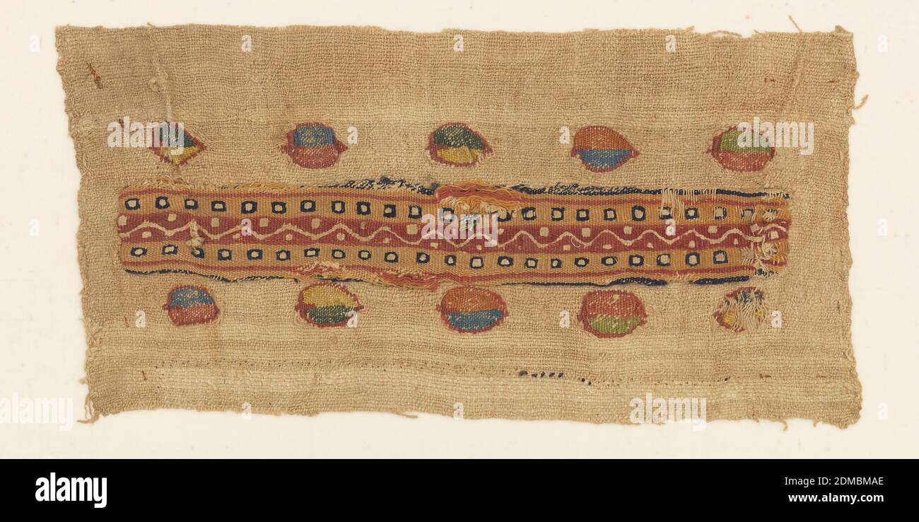 Textile, Medium: linen, s-spun wool Technique: plain weave with  discontinuous wefts (tapestry), slit weave, Woven linen textile showing  five small inwoven polychrome tapestry ovals on either side of a narrow  tapestry woven