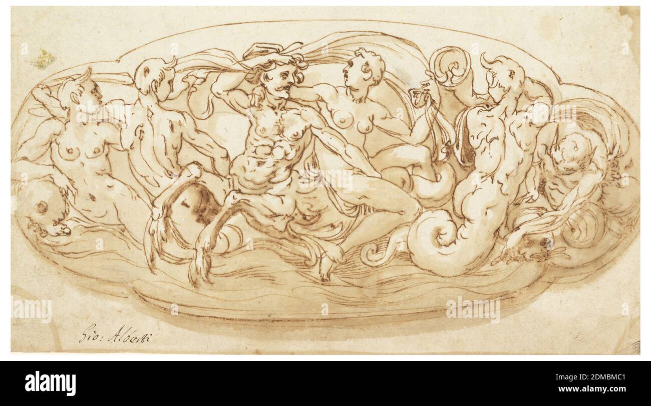 Projet pour la décoration d'une plaque d'argent., craie noire, stylo, encre, nettoyant bistre sur papier., huile de quatrefoil élongée. Un nymphe se déplace sur un centaure de mer, accompagné de trois mermen, et un nymphe sur un dauphin. Partie supérieure de l'aigle en ovoïde sous une couronne; schéma de Briquet 209., Italie, 1590–1620, vaisselle, dessin Banque D'Images