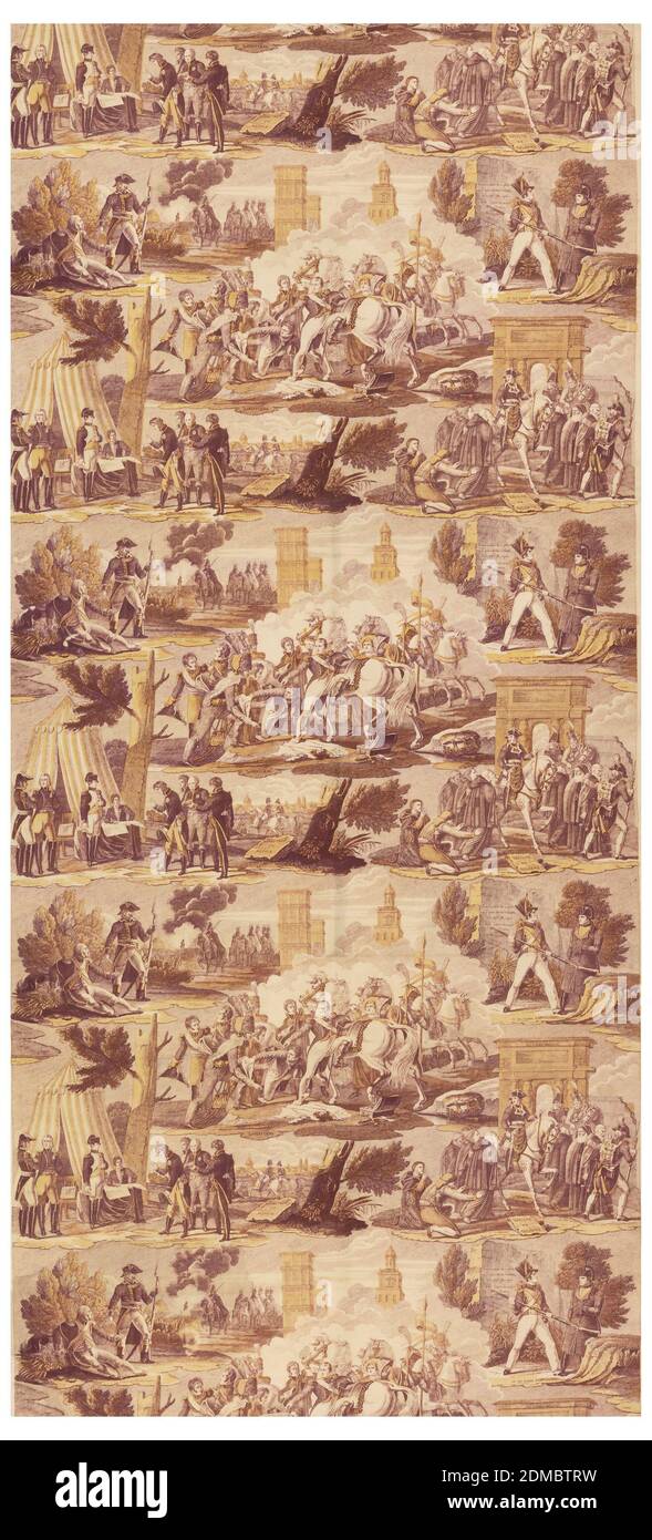 Textile, Louis-Henri Breviere, (français, 1797–1869), Moyen: Coton technique: Imprimé par rouleau (sépia) et bloc (jaune) sur toile, cinq scènes de la vie de Napoléon, le tout après des gravures contemporaines. En sépia et jaune., Rouen, France, ca. 1830, textiles imprimés, teints et peints, textile Banque D'Images