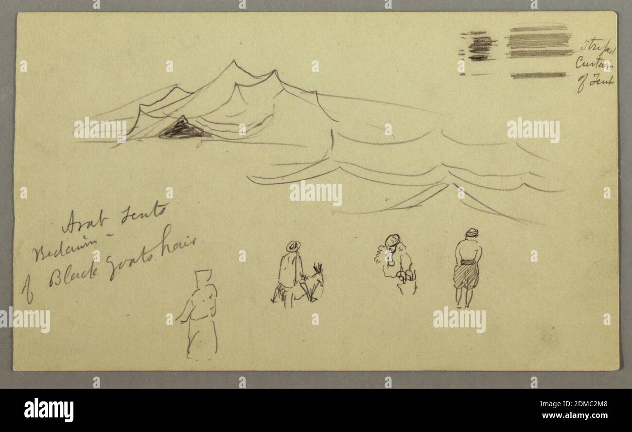 Esquisses. Tentes. Bedouin., église Frédéric Edwin, américaine, 1826–1900, crayon. Papier gris., Haut : un groupe de tentes. Bas: Deux debout et une équitation Bédouin, tous montrés de l'arrière. Dos d'un autre portant un sac avec sa main gauche. En haut à droite: Deux rangées de bandes; écrit à côté: 'Trippé / rideau / de tente.' Écrit à gauche: 'tentes arabe / Bédouin / de cheveu de chèvre noir'., USA, peut-être 1868, février (probablement), dessin Banque D'Images