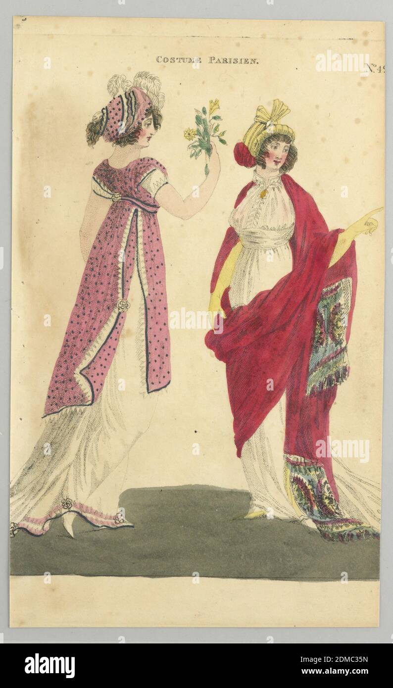 Assiette 49, Costume parisien (Costume parisien), Magazine de la mode féminine de Londres et Paris, R. Phillips, britannique, active début du XIXe siècle, Etching, couleur main avec pinceau et aquarelle sur papier crème, illustration de la mode avec une femme à gauche dans une robe longue, jupe blanche et couche supérieure longueur genou qui s'ouvre et présente des points noirs sur fond rose. Ses cheveux bouclés et bruns sont recouverts d'un chapeau rose et noir assorti avec des plumes émergeant du haut. Elle apparaît dans le profil Banque D'Images