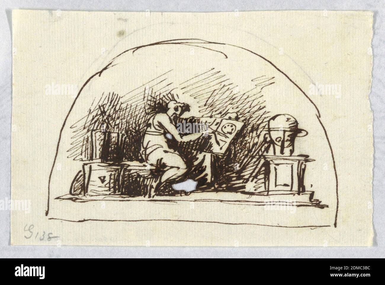 Lunette aux arts et sciences, Felice Giani, italien, 1758–1823, encre de plume et brune sur des traces de graphite sur papier crème, femme représentée dans le profil dirigé vers le droit assis et la peinture. Le globe se trouve sur le piédestal, à droite; les livres à gauche., ca. 1800, figures, dessin Banque D'Images