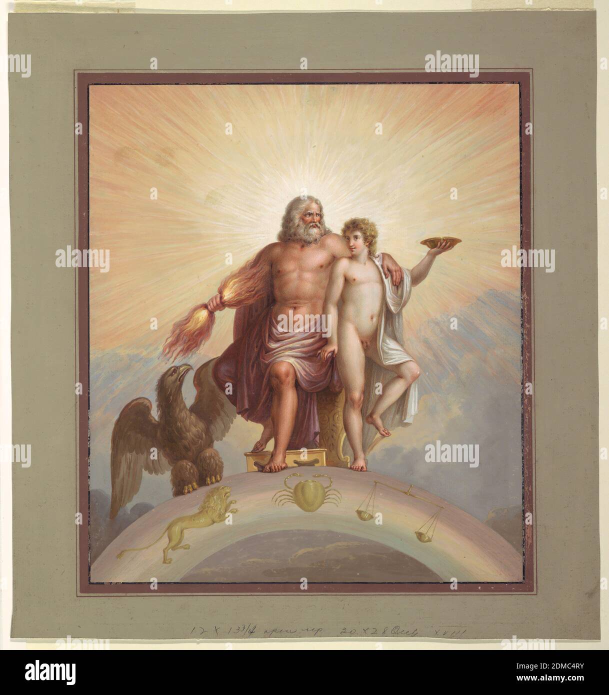 Zeus et Ganymede, Michel-Ange Maestri, italien, d. 1812, Raphaël, (italien, 1483–1520), Brush et tempera sur papier lourd, Zeus, assis sur un trône, tient le feu dans sa main droite, tandis que sa main gauche repose sur l'épaule du jeune Ganymede, qui tient un salver dans sa main gauche. À côté de Zeus se trouve un aigle, et en dessous, dans une boîte de pluie, les signes zodiaques d'un lion, d'un crabe et d'écailles. Peut-être après des décorations pour les appartements du Cardinal Bibbiena dans le Vatican., Rome, Italie, ca. 1802, dessin Banque D'Images