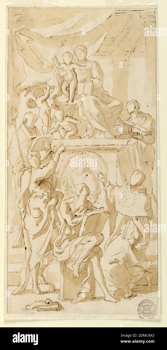 Virgin and Child with Saints, Charles Mellin, Français, 1600 - 1649, encre de plume et brune, pinceau et sépia laver sur des traces de sanguine sur papier poncé, la Vierge est assise avec enfant derrière elle, debout sur un piédestal sur les marches. À côté du groupe sont deux anges, l'un d'eux portant un chapeau de cardinal. A côté du piédestal se trouve à gauche un évêque avec un livre et crozier, à droite à Saint Cecilia. En face du piédestal se trouvent Saint Jean-Baptiste debout, Saint-Jérôme assis et visitant Saint-Thomas d'Aquin s'agenouillant dans l'arrière-plan, ci-dessus., Italie, 1620–49, figures, dessin Banque D'Images