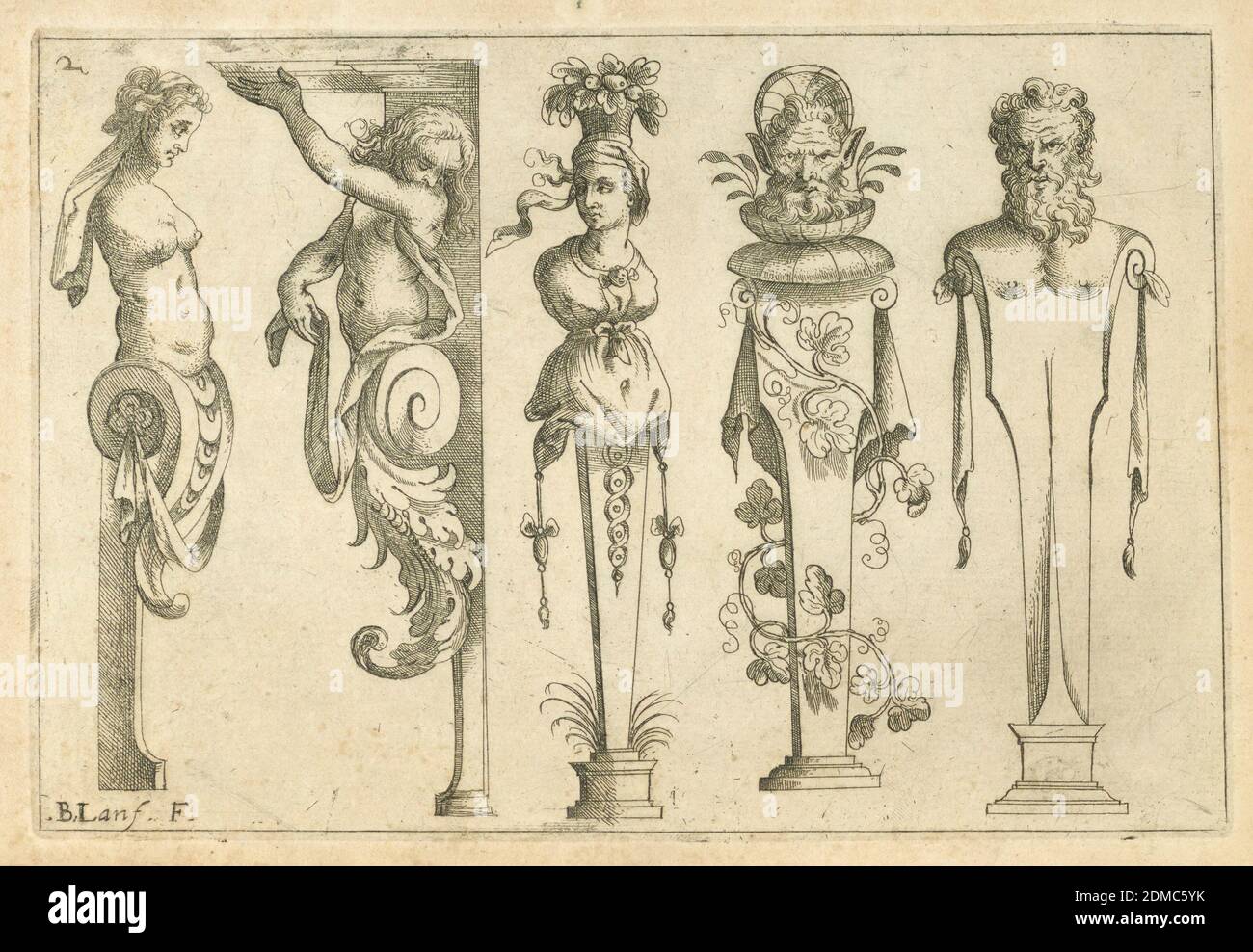 Herms, encre noire sur papier, rectangle horizontal. Cinq hermes, deux au lfet se terminant dans volutes de défilement., Italie, vers 1600, figures, Imprimer Banque D'Images